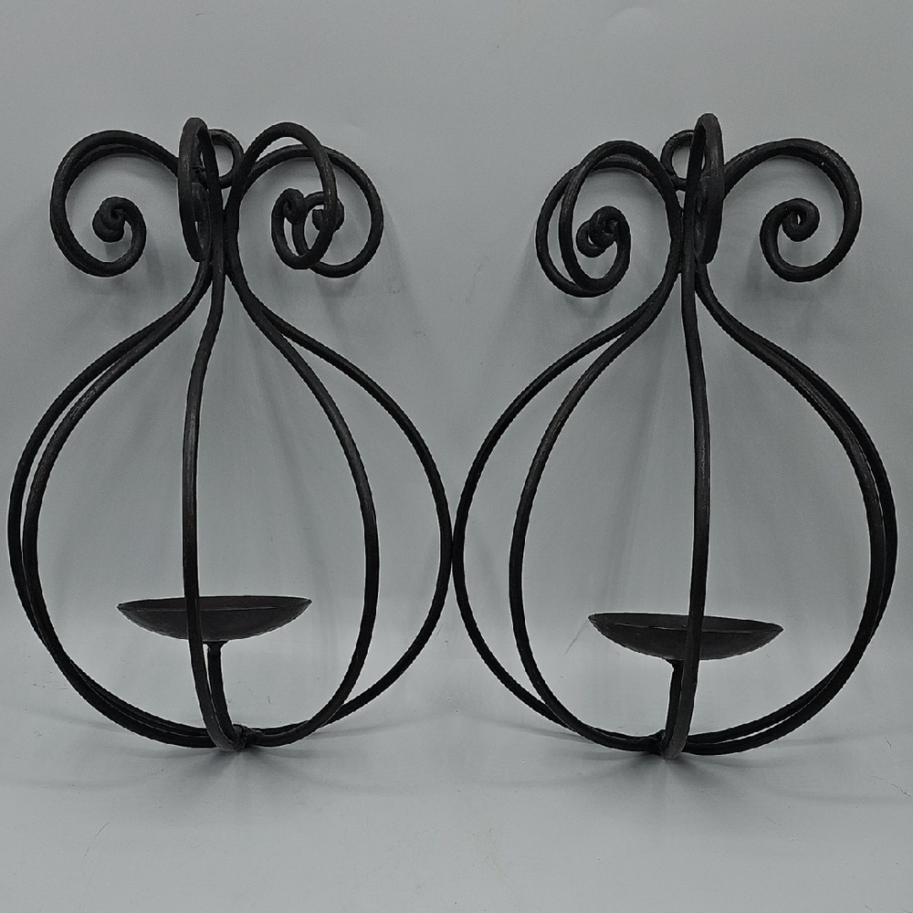 Black Wrought Iron Wall Candle Holders Sconces - Set Of 2